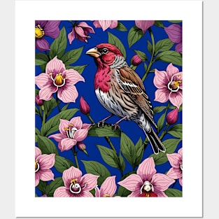 New Hampshire Purple Finch And Pink Ladys Slipper Posters and Art